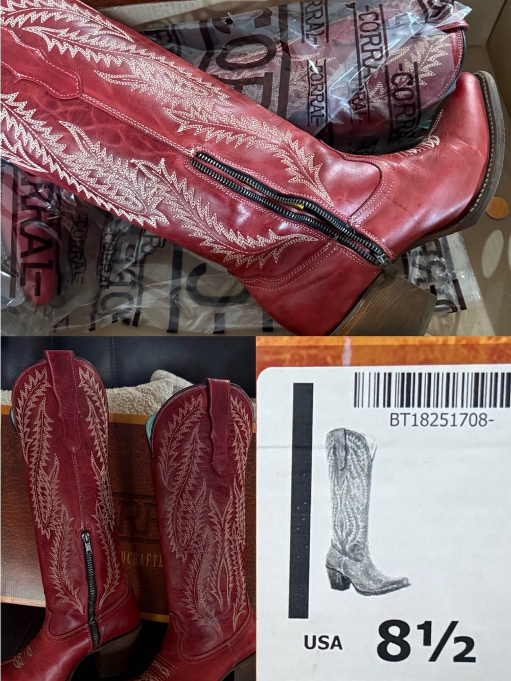 Red Embroidered Western Heeled Boots - Size 8½